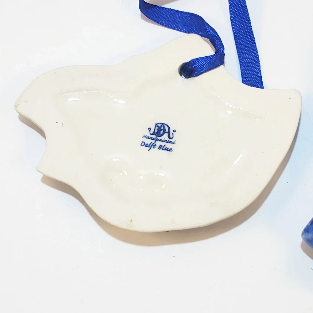 2 Delft Blue and White Holland Ceramic Christmas Tree Ornaments Holly Dutch Girl